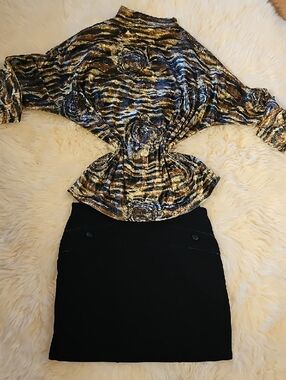 Tiger Print Belted Mock Neck Top in Brown and Black & Skirt